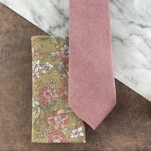 Men’s Dusty Rose Pink Velour Necktie with Coyote Tan Boho Floral Pocket Square